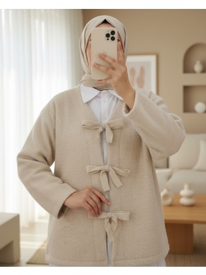 Moda Morfo Önü Bağlamalı Kırçıllı Kaşe Ceket -Bej