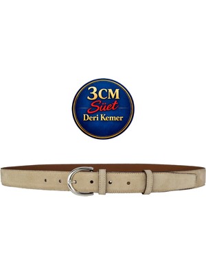 GoDeri Hakiki Deri, 3 cm Gümüş Renk Tokalı, Krem Süet, Dikişli Klasik Kadın Kemeri, 3CMKLA01