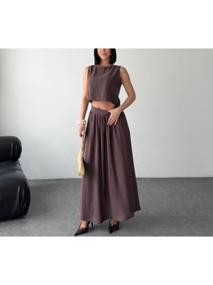 Kadın Modal Kumaş Crop Bluz - Yüksek Bel Uzun Etek Ikili Takım