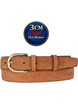 GoDeri Hakiki Deri, 3 cm Gold Renk Tokalı, Tarçın Süet, Dikişli Klasik Kadın Kemeri, 3CMKLA22