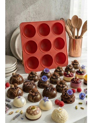 Cozley 9'lu Yarım Küre Silikon Kalıp Muffin Kalıbı Çikolata ve Kek Kalıbı Silikon Yapışmaz Küre Pasta Kalıp