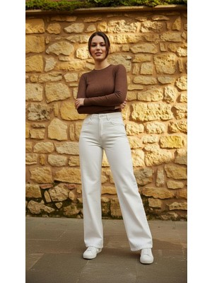 Geenz Manifacture Hayal Krem Kadın Yüksek Bel Jeans Salaş Kot Pantolon Palazzo