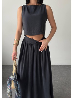 Kadın Modal Kumaş Crop Bluz - Yüksek Bel Uzun Etek Ikili Takım