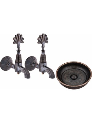 vitrinbanyo Osmanlı 1/2 Ağır Ikili Tavroz Musluğu ve Ağır Hamam Tası Bakır Eskitme