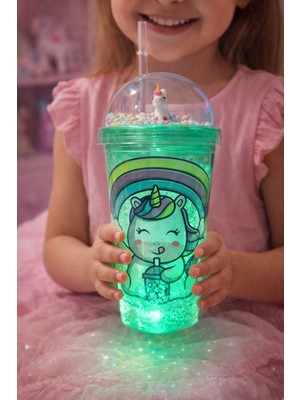 Hediye Filesi Unicorn Temalı LED Işıklı Suluk Buzlu Cam Görünümlü 450 ml Çift Katman Mika Su Şişesi 2646 Yeşil