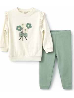 Nikuby Yeşil Çiçekli Baskılı Nakışlı Bebe Alt-Üst Takım