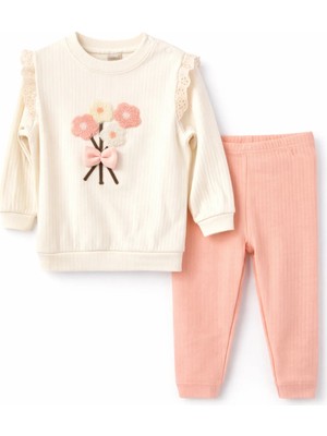 Nikuby Yavruağzı Renkli Çiçekli Baskılı Nakışlı Bebe Alt-Üst Takım