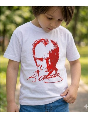 Alme K. Atatürk Kırmızı Baskılı Kısa Kollu Tişört - Milli Bayramlara Özel Tasarım Pamuklu Tişört