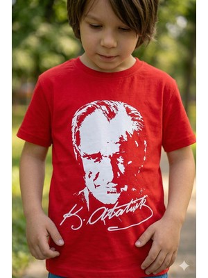 Alme K. Atatürk Kırmızı Baskılı Kısa Kollu Tişört - Milli Bayramlara Özel Tasarım Pamuklu Tişört