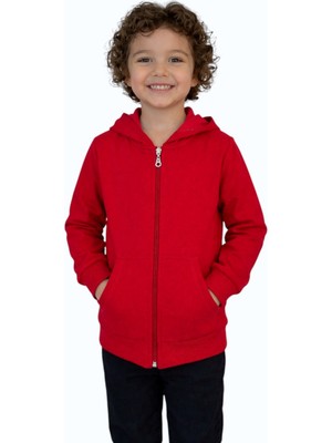 Evavi Çocuk Kapüşonlu Fermuarlı Cepli Kırmızı Sweatshirt Ceket