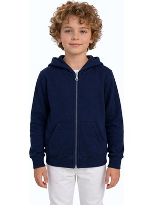 Evavi Çocuk Kapüşonlu Fermuarlı Cepli Lacivert Sweatshirt Ceket