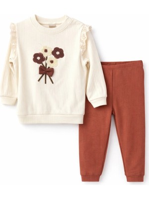 Nikuby Kahverengi Çiçekli Baskılı Nakışlı Bebe Alt-Üst Takım