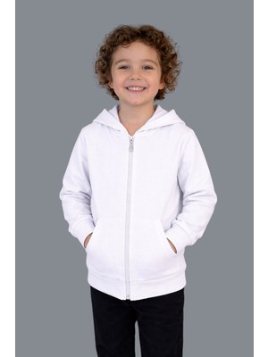 Evavi Çocuk Kapüşonlu Fermuarlı Cepli Beyaz Sweatshirt Ceket