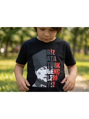 Lollico Kız ve Erkek Çocuk Atatürk Baskılı Siyah Tişört - Milli Bayramlara Özel Tasarım %100 Pamuklu T-Shirt