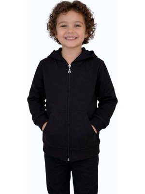 Evavi Çocuk Kapüşonlu Fermuarlı Cepli Siyah Sweatshirt Ceket