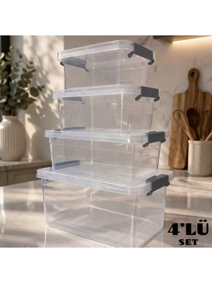 Vizka Plastik Saklama Kabı ,kilit Kapaklı Dikdörtgen Saklama ve Koruma Erzak Kabı 4lü Set