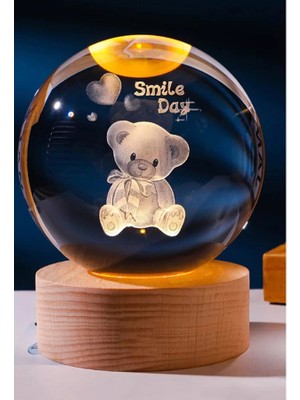 Skygo Dekoratif Ayıcık Tasarımlı Ahşap Altlıklı Işıklı Cam Küre Cam 6 cm Ahşap 2 cm