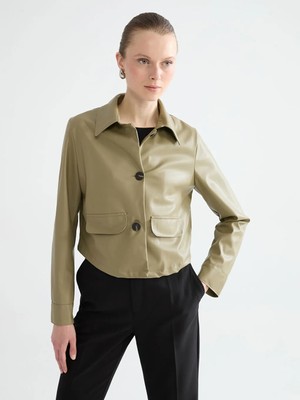 LC Waikiki Yeşil Gömlek Yaka Kadın Deri Görünümlü Ceket