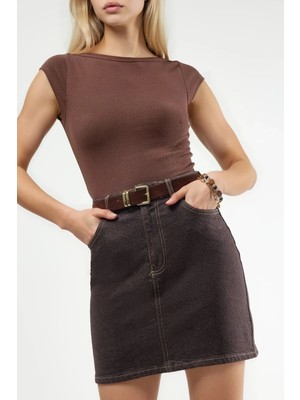 Hiccup Kadın Qu Style Yüksek Bel Kemerli Denim Mini Etek Kahve Kahvesi