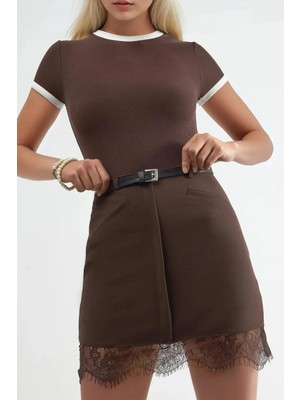 Hiccup Kadın Qu Style Dantel Detaylı Kemerli Mini Şort Etek Kahve Kahvesi