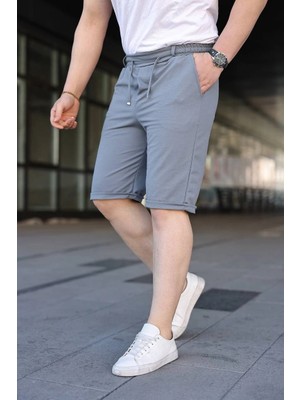 Erkek Diagonel Kumaş Duble Paça Cepli Bağcıklı Bel Lastikli Şort - Gri