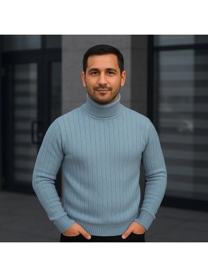 Marsilyan Balıkcı Yaka Bağazlı Triko Kazak Pamuklu Kalın Fitilli Dokuma, Regular - Bebe Mavisi