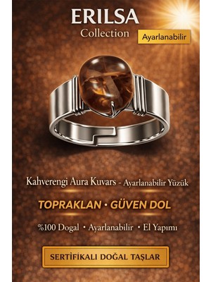 Erilsa Sertifikalı Kahverengi Aura Kuvars Yüzük Doğal Taş Ayarlanabilir El Yapımı Şık Tasarım