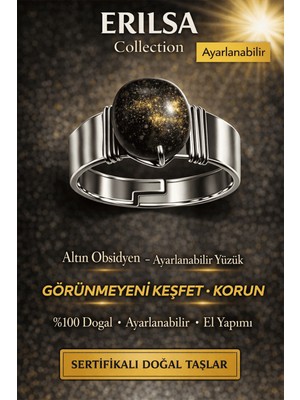 Erilsa Sertifikalı Gold Siyah Obsidyen Yüzük Doğal Taş Ayarlanabilir El Yapımı Koruyucu Enerji Taşı