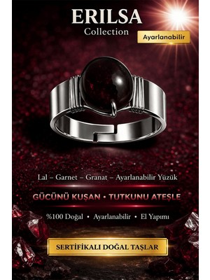 Erilsa Sertifikalı Lal Garnet Granat Taşı Yüzük Doğal Taş Ayarlanabilir El Yapımı Şık Tasarım