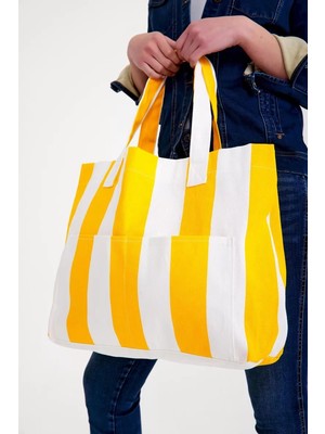 Skygo Kadın Kanvas 2 Cepli Günlük Renkli Plaj Omuz Çantası Sarı