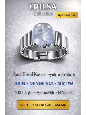 Erilsa Sertifikalı Aura Kristal Kuvars Yüzük Doğal Taş Ayarlanabilir El Yapımı Şeffaf Tasarım