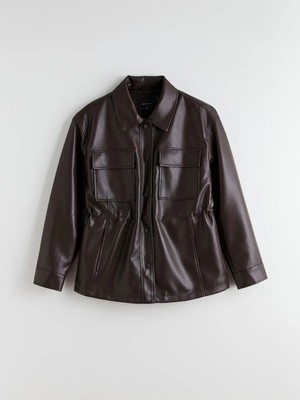 LC Waikiki Kahverengi Gömlek Yaka Kadın Deri Görünümlü Ceket