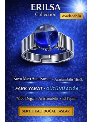 Erilsa Sertifikalı Koyu Mavi Aura Kuvars Yüzük Doğal Taş Ayarlanabilir El Yapımı Şık Enerji Taşı