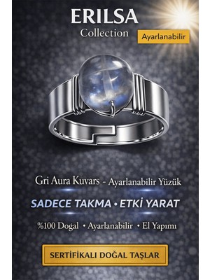 Erilsa Sertifikalı Gri Aura Kuvars Yüzük Doğal Taş Ayarlanabilir El Yapımı Modern Tasarım