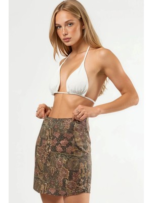 Hiccup Kadın Qu Style Yüksek Bel Etnik Desenli Mini Etek Kahverengi