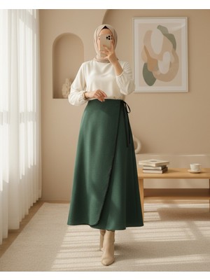 Modamorfo Beli Lastikli Ince Biyeli Kaşe Etek -Zümrüt