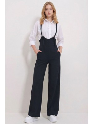 Bacc Lacivert Çift Cepli Askılı Likralı Salopet Tulum