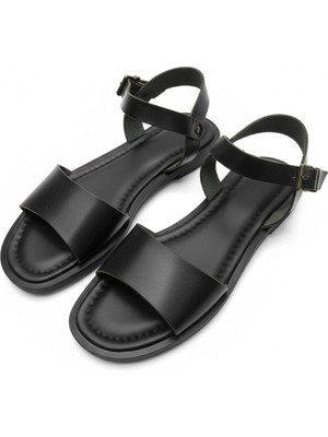 Efw %100 Hakiki Deri Siyah Kalın Tek Bant Kadın Sandalet