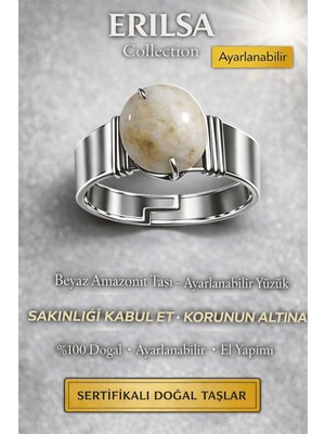 Erilsa Sertifikalı Beyaz Amazonit Taşı Yüzük Doğal Taş Ayarlanabilir El Yapımı Şık Tasarım