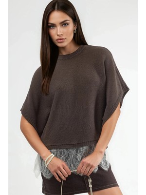 Hiccup Kadın QU STYLE Rahat Kesim Dantel Detaylı Örme Kazak Kahve Kahvesi