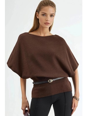 Hiccup Kadınlar QU STYLE Kemerli Bisiklet Yaka Triko Kazak Kahve Kahvesi