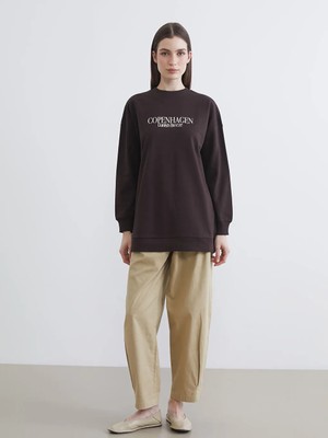 LC Waikiki Kahverengi Copenhagen Baskılı Kadın Sweatshirt Tunik
