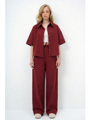 Bacc Bordo Keten Gömlek ve Palazzo Pantolon Takım
