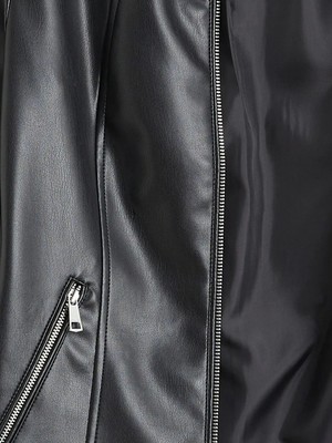 LC Waikiki Siyah Bisiklet Yaka Kadın Deri Görünümlü Ceket
