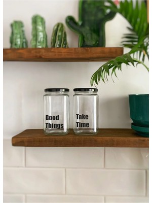 Atölye Merdiven Good Thing Take Time  Cam 2li Dekoratif Erzak Kahve Çay Şeker Kavanozu 850 cc Dekoratif Kavanoz
