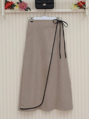 Modamorfo Beli Lastikli Ince Biyeli Kaşe Etek -Vizon