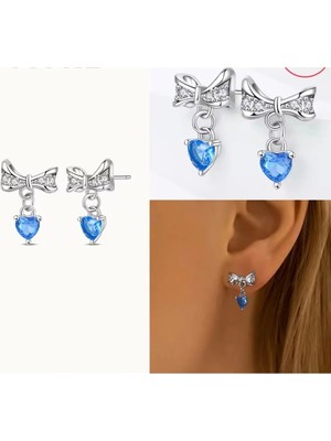 Mam Mavi Kalp Kurdele Gümüş Küpe