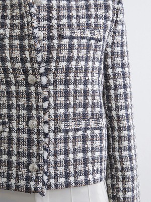 LC Waikiki Gri Bisiklet Yaka Ekose Kadın Tüvit Ceket