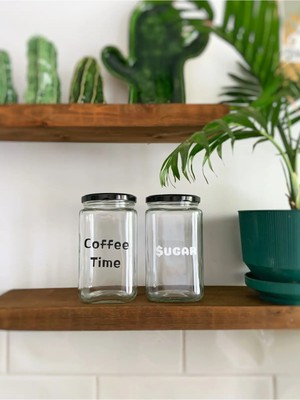 Atölye Merdiven Coffee Time  Cam 2li Dekoratif Erzak Kahve Çay Şeker Kavanozu 850 cc Dekoratif Kavanoz