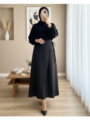 Modamorfo Beli Lastikli Ince Biyeli Kaşe Etek -Siyah